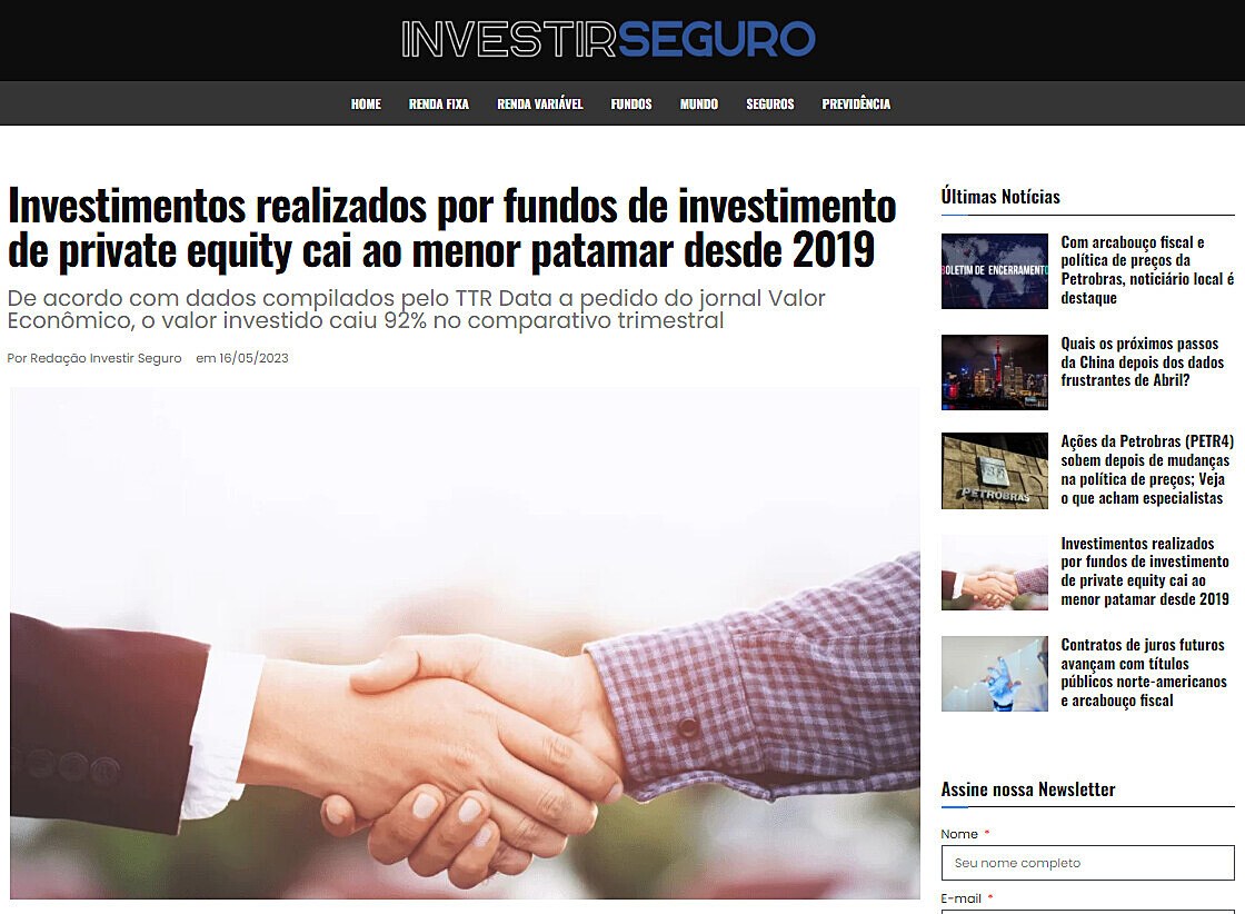 Investimentos realizados por fundos de investimento de private equity cai ao menor patamar desde 2019